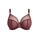 Brown bra with beige mesh panels on a white background
