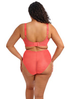 Person wearing a coral bra and panty set standing backward on a white background