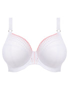 White bra with pink stitching on a white background