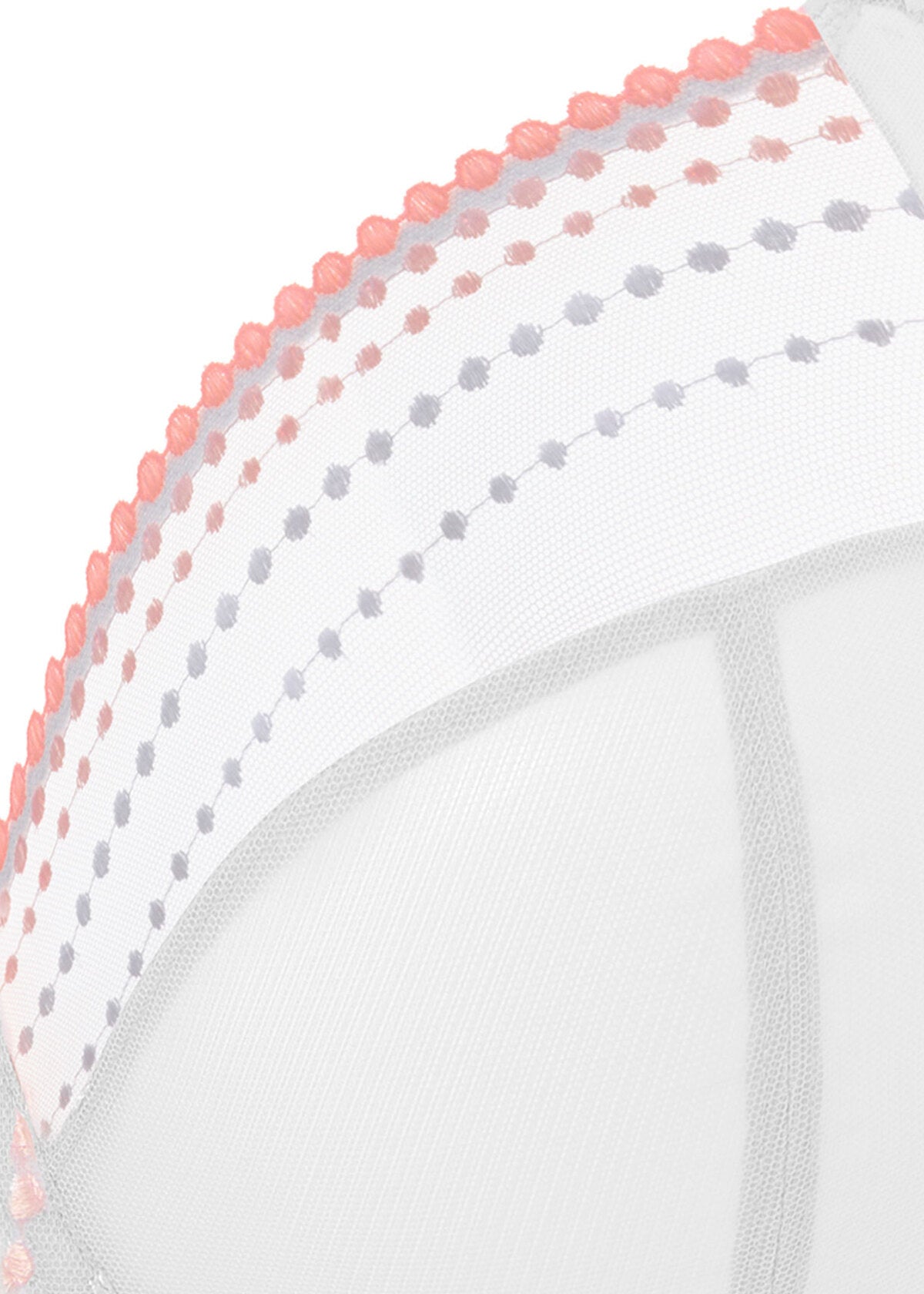 Close-up of a white bra with pink and white polka dot trim on a white background