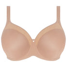 A beige, non-padded, full coverage bra with adjustable straps, made from a smooth, light fabric.