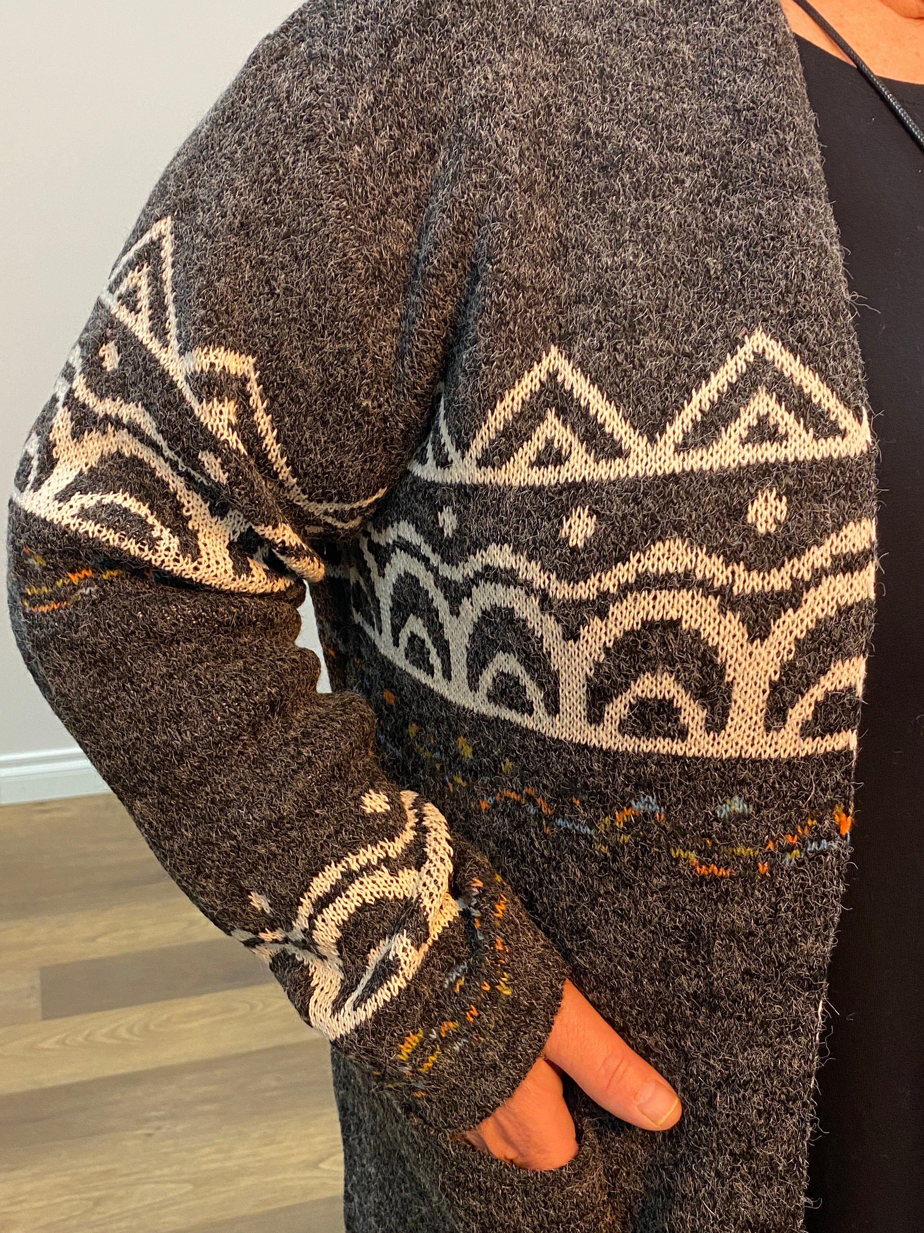 Close up of a grey sweater with geometric pattern