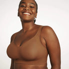 Beyond Bra in Clay, brown wirefree bra shown on a model from the front view. 