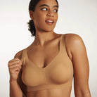 Beyond Bra in Mica, light tan wirefree bra shown on a model closer up view of the cups. 