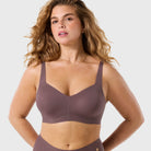 Beyond Bra in Thistle, dusty mauve wirefree bra shown on a model. 
