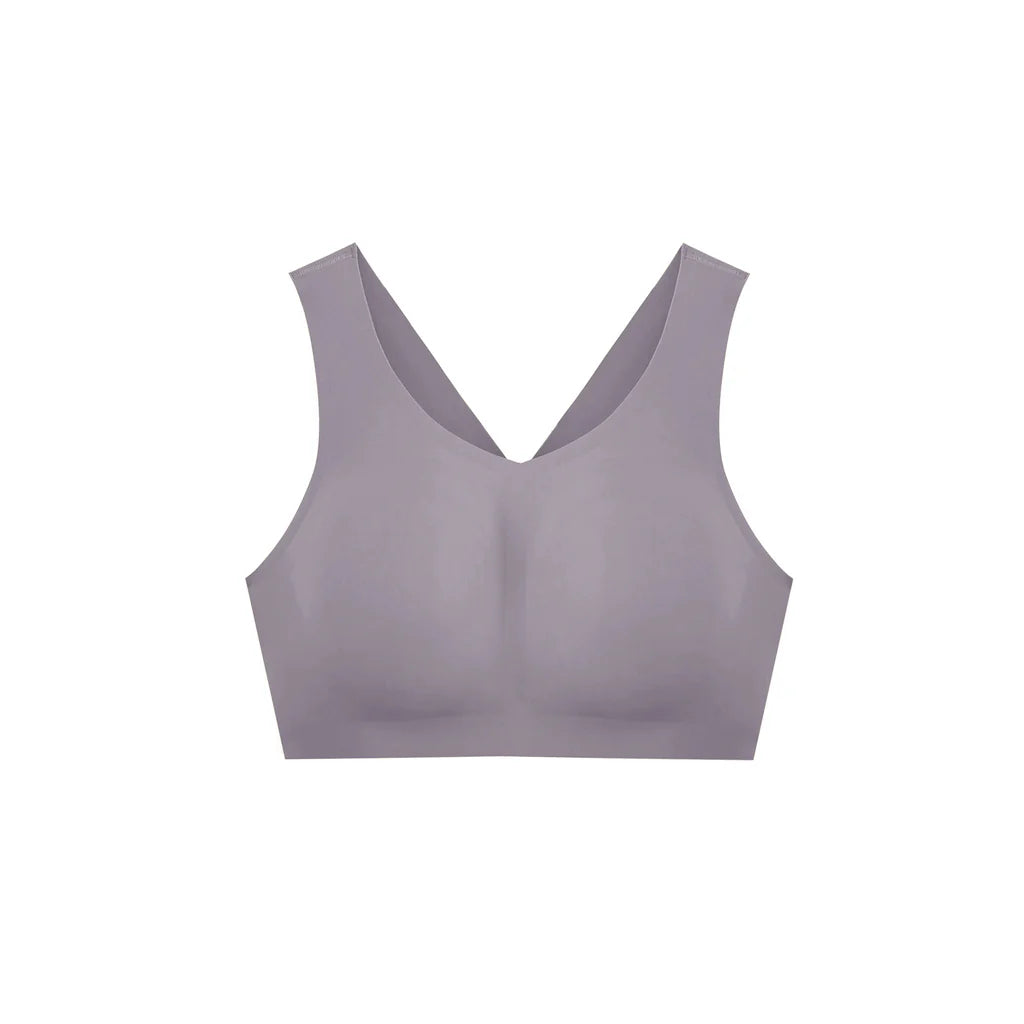 Evelyn Bobbie Defy Bra in London Fog, light grey no wire bra, on a white background. 