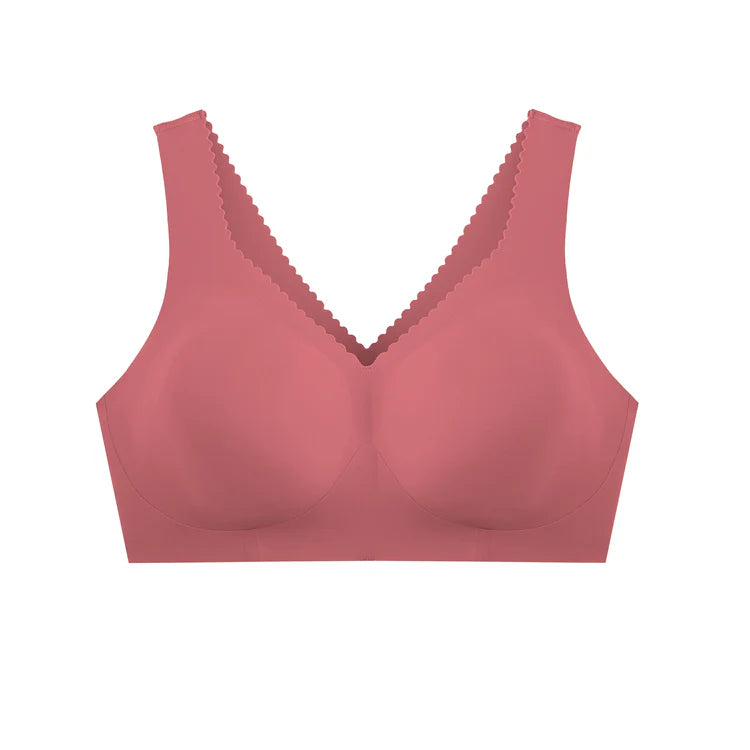 Evelyn & Bobbie Evelyn Bra in Pink Canyon, dusty pink no wire pullover bra, on a white background, front view. 