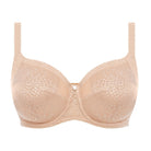 A beige full cup side support bra with lace detailing and adjustable straps.
