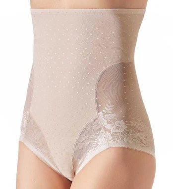 A high-waisted beige Silueta Forte Secrets brief with a floral lace detail on the front.