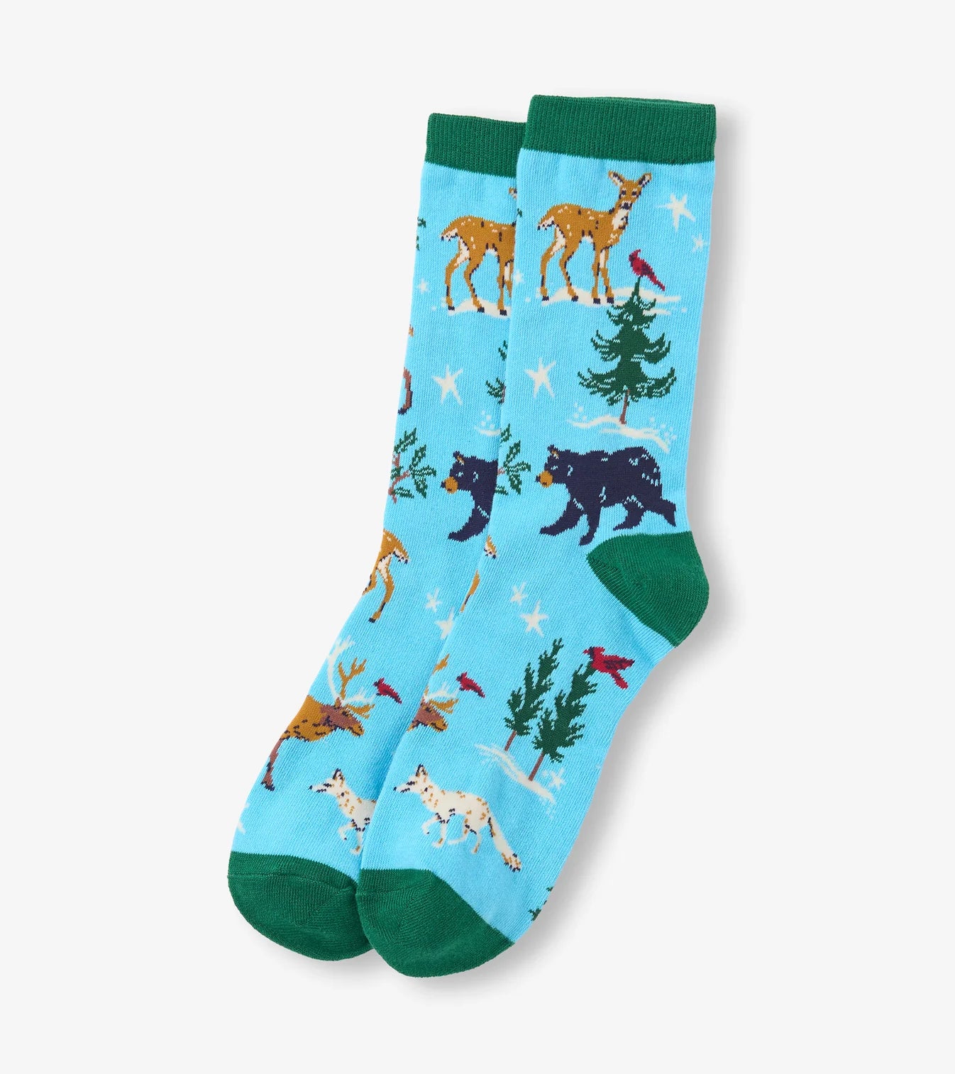 Pair of socks with forest animal pattern on a light blue background