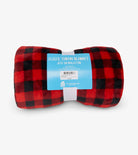 Red and black checkered fleece throw blanket with a label on a white background