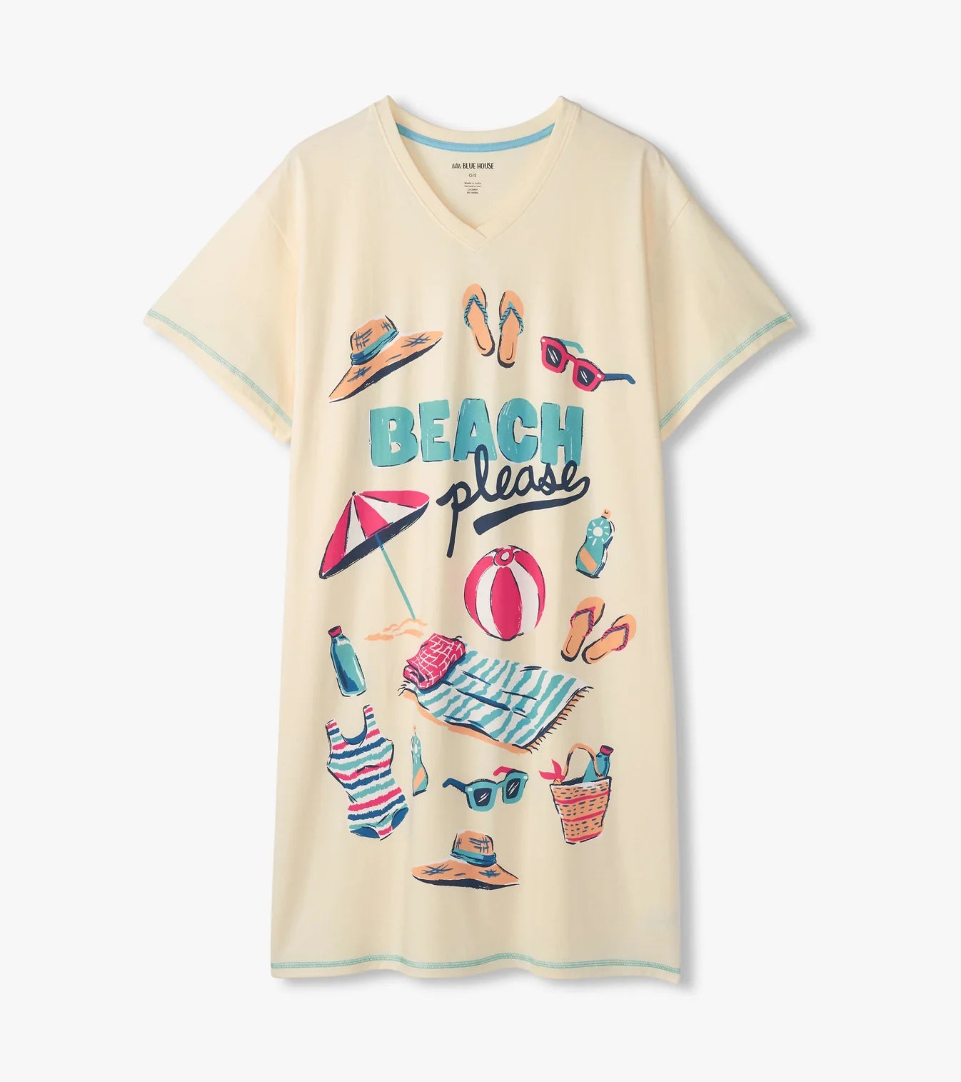 Beige t-shirt with beach-themed graphics and 'BEACH PLEASE' text on a white background
