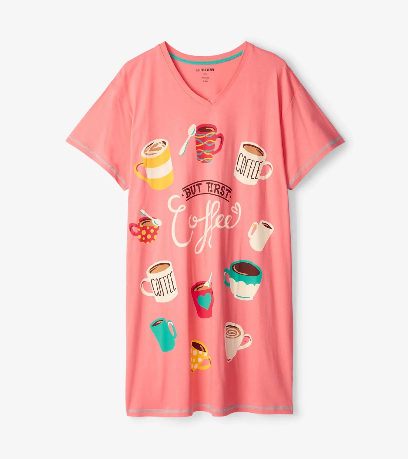 Pink nightshirt with coffee-themed graphics on a white background