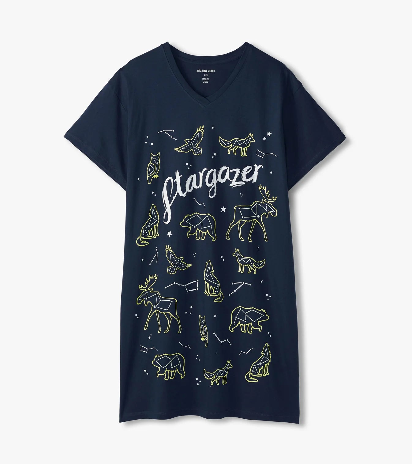 Navy blue t-shirt with celestial designs and 'Stargazer' text on a white background