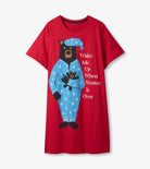 Red nightshirt with a bear design and text on a white background