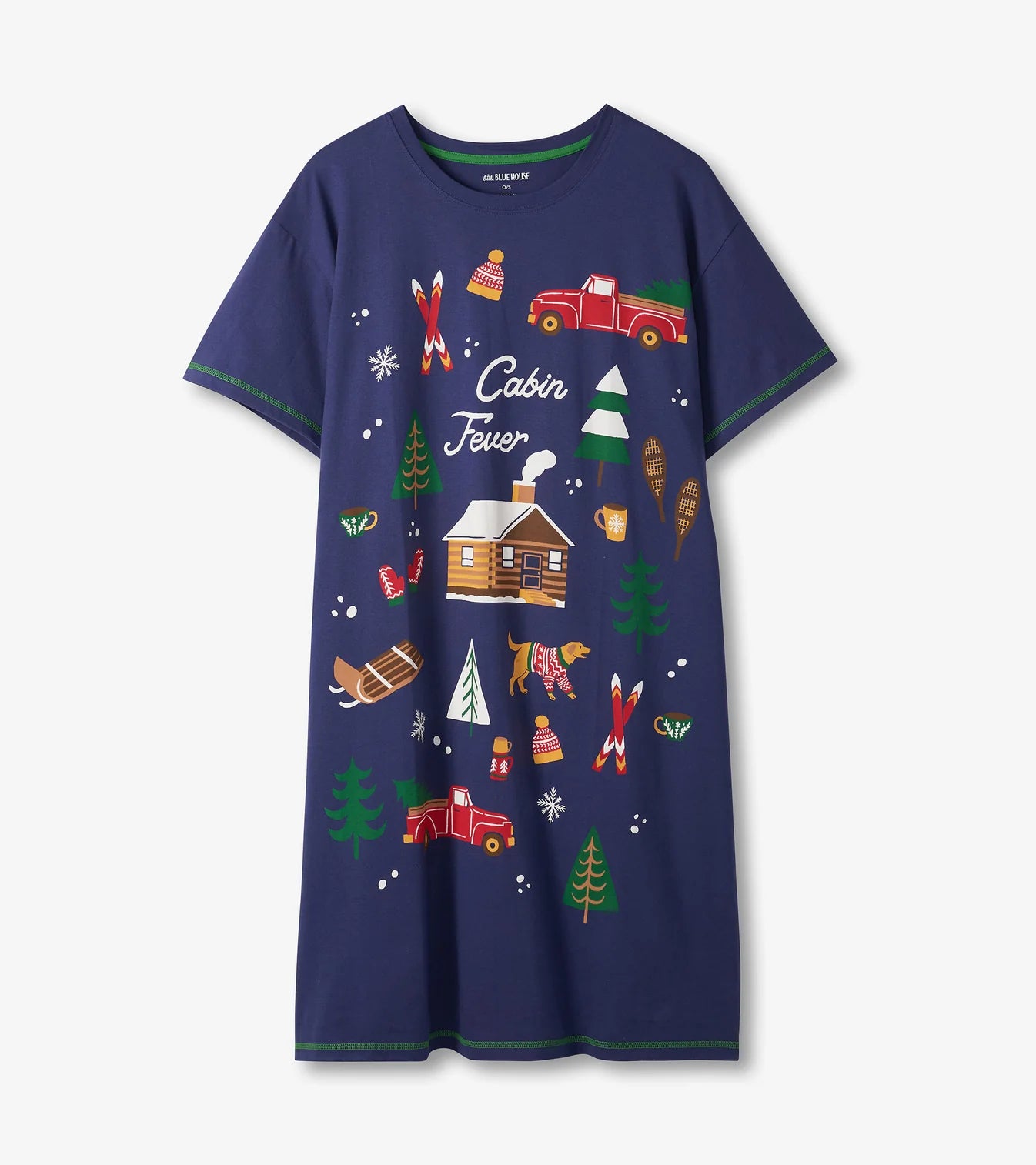 Navy nightshirt with camping-themed graphics on a white background