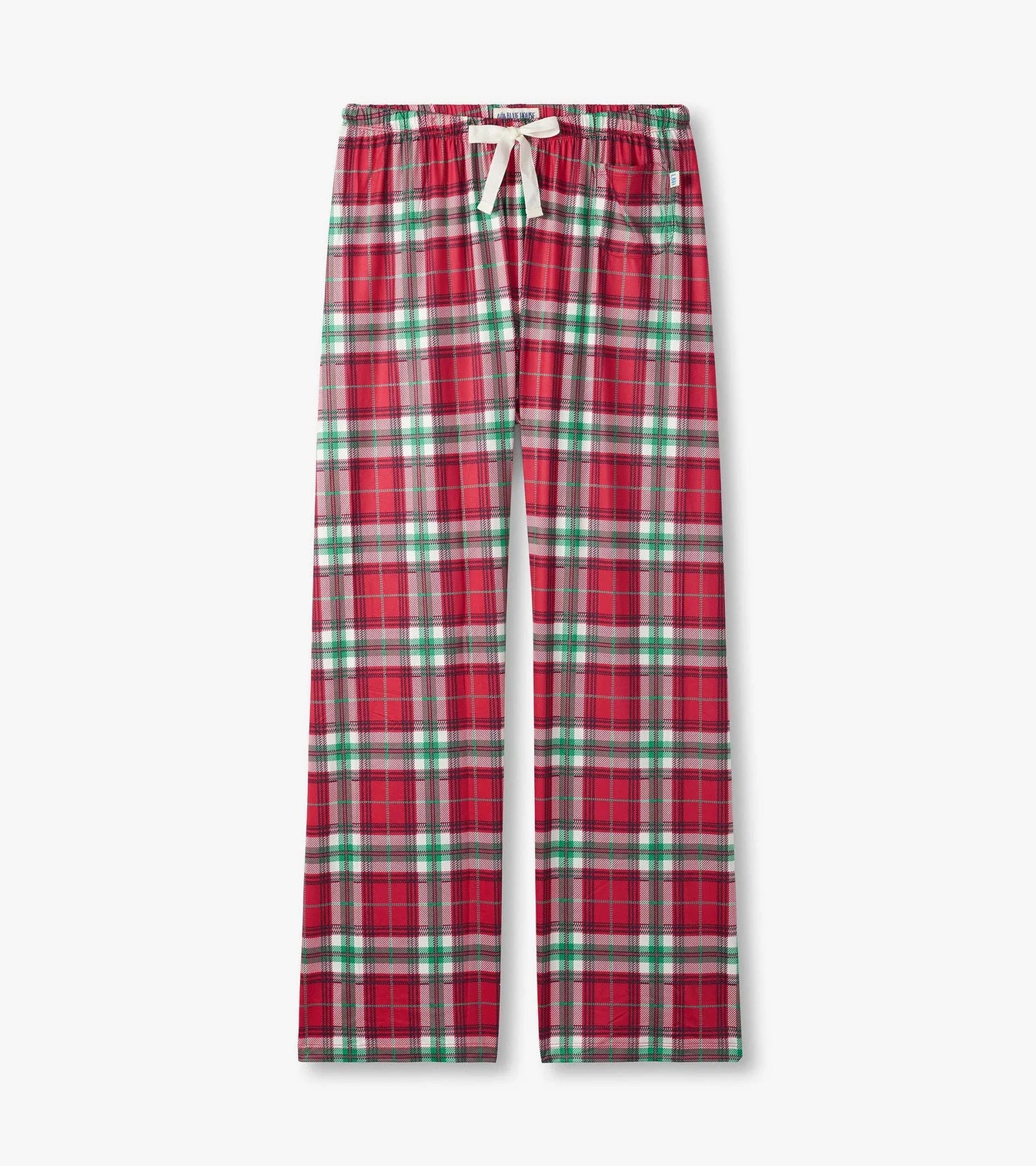 Red and green plaid pajama pants on a white background