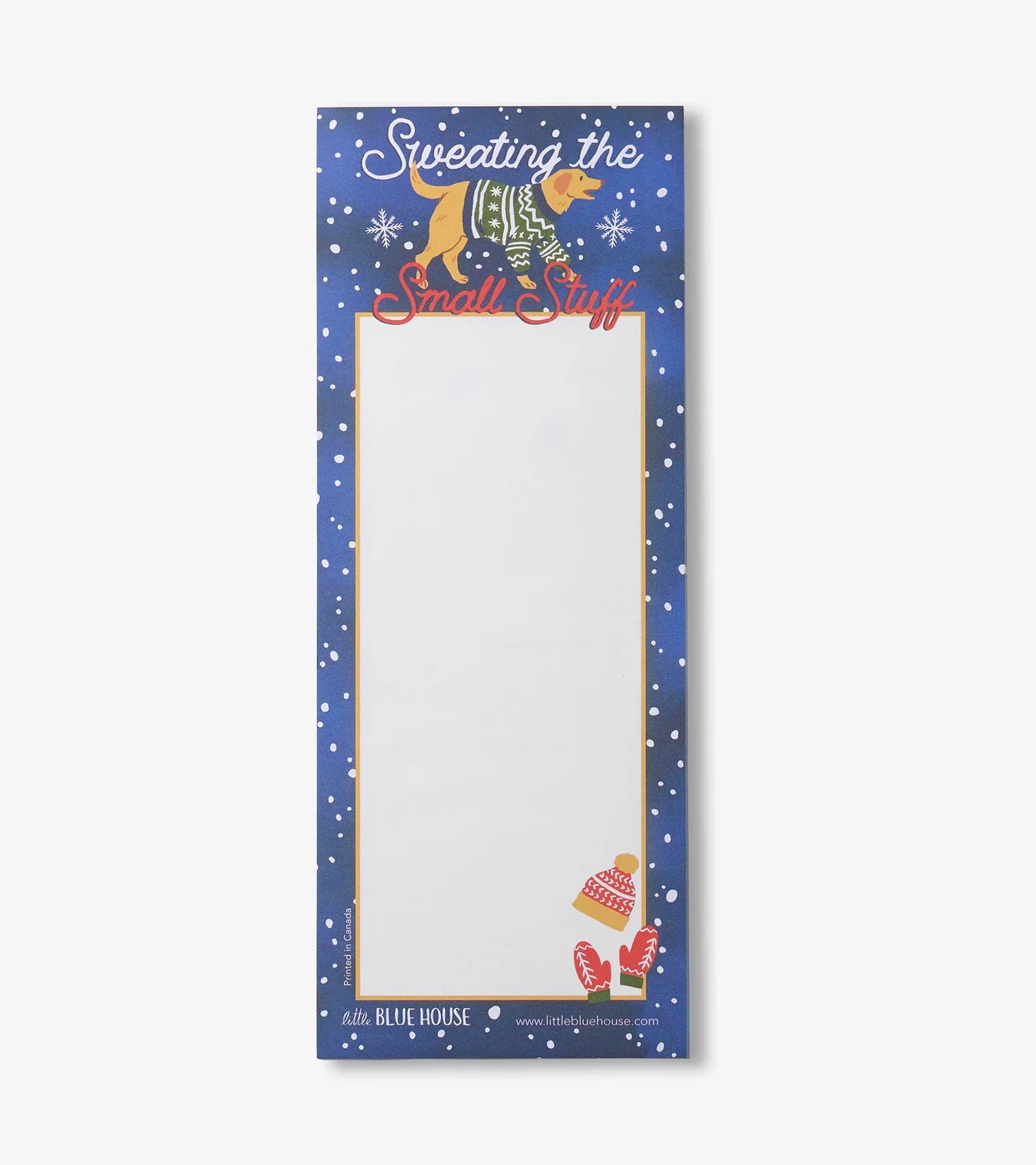 Notepad with cartoon dog design and text 'Sweating the Small Stuff' on a blue background