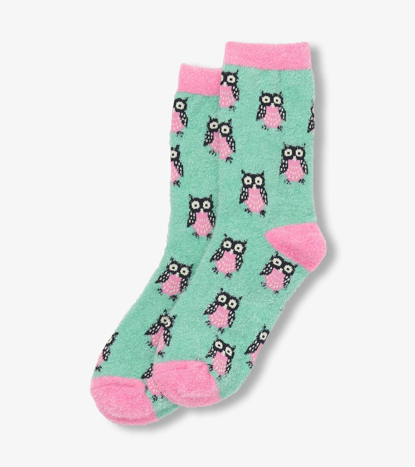 Green socks with pink accents and owl pattern on a white background