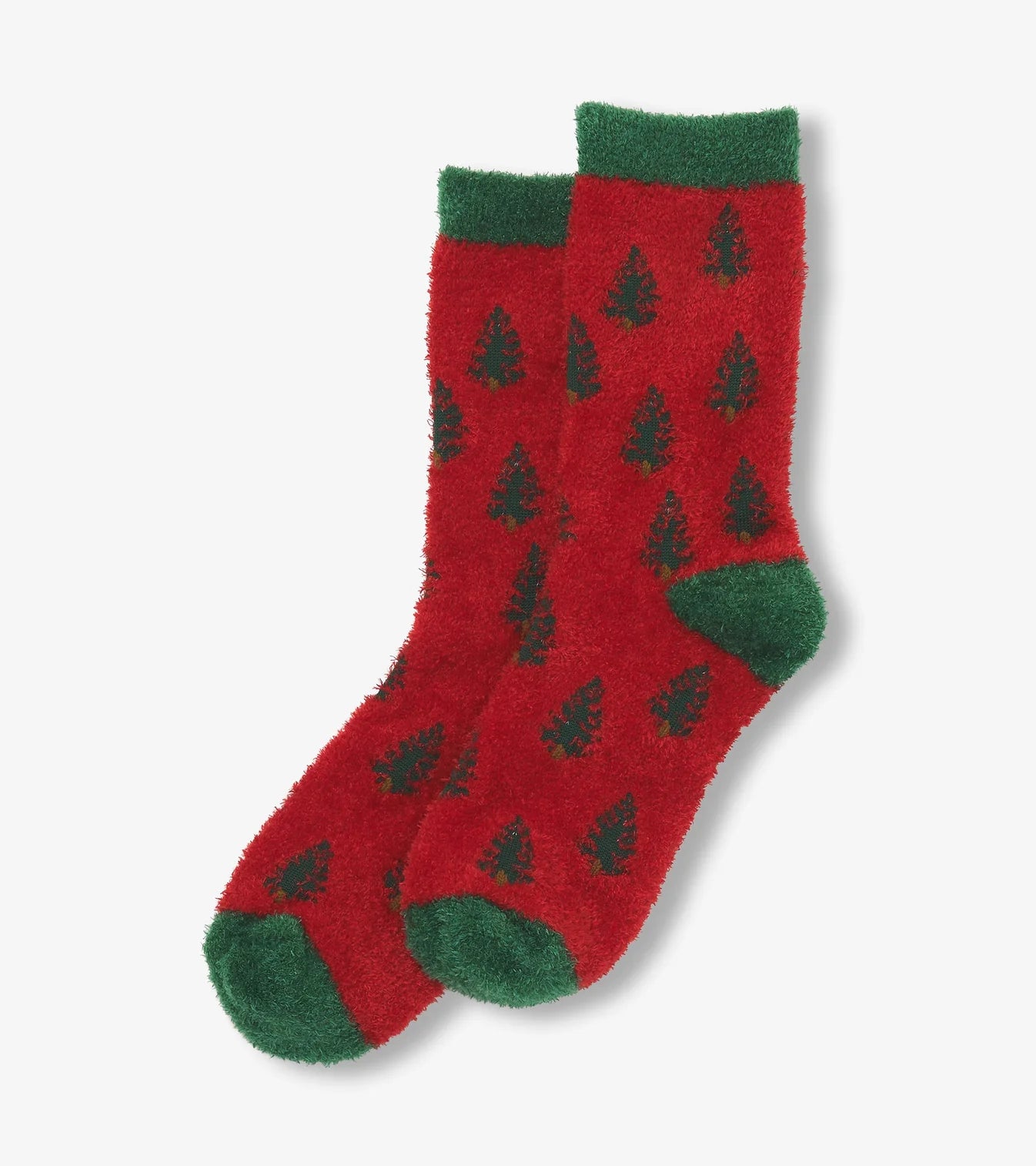 Red socks with green tree pattern on a white background