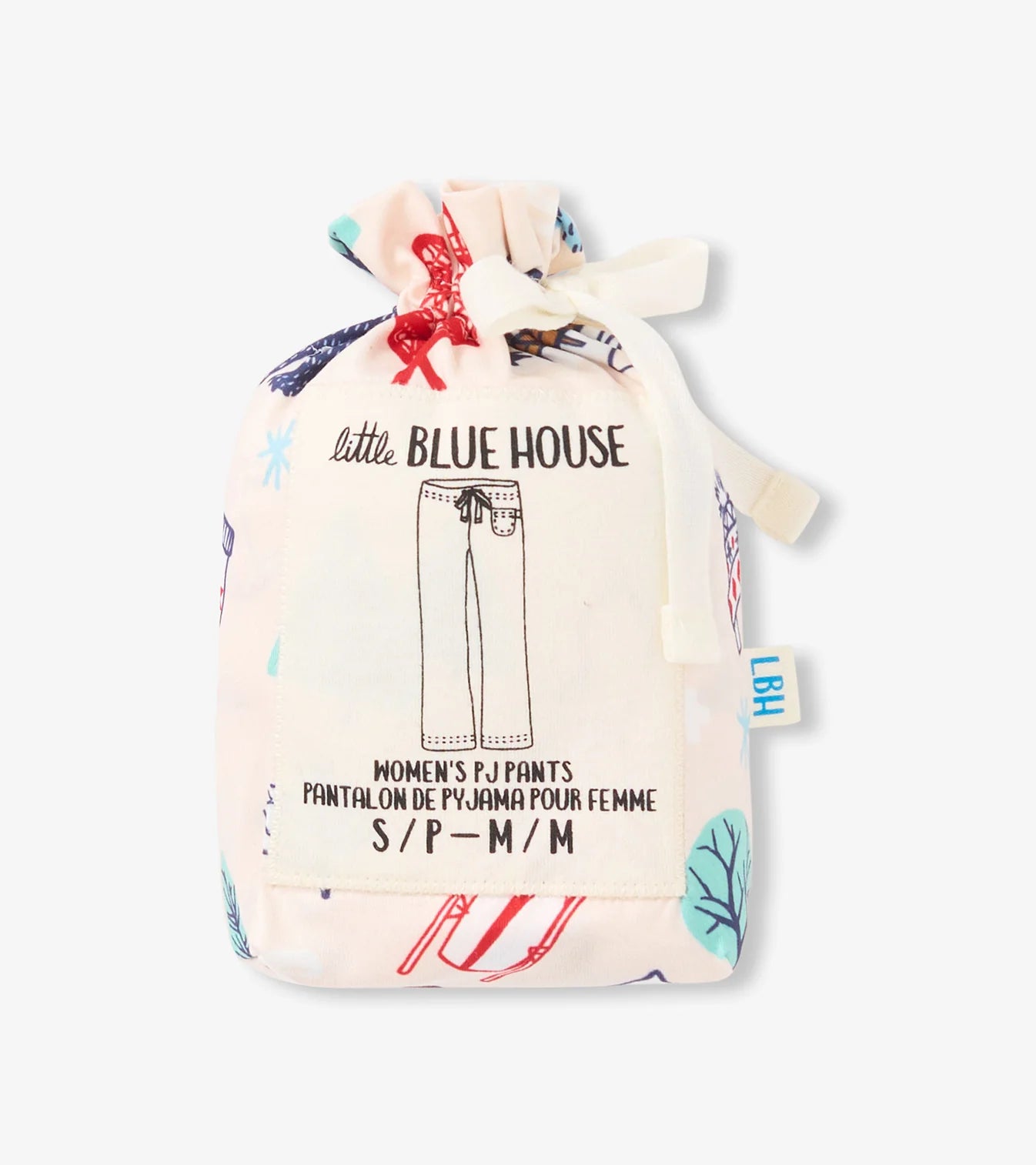 Fabric drawstring bag with 'little BLUE HOUSE' branding and product information on a white background