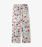 Pajama pants with a winter-themed pattern on a white background