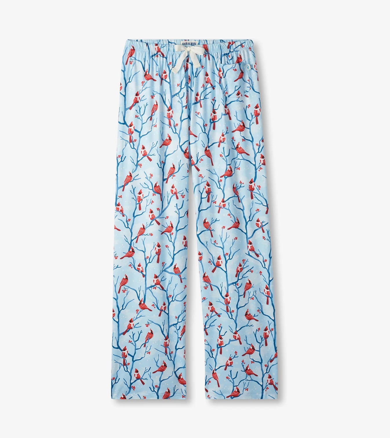 Light blue pajama pants with red bird and branch pattern on a white background