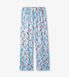 Light blue pajama pants with red bird and branch pattern on a white background