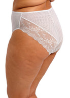 A person wearing white lace underwear on a white background