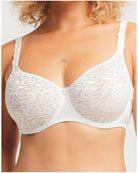 White lace bra worn by a model on a plain background
