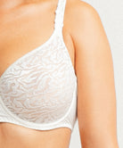 White lace bra on a plain background