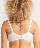 Person wearing a white bra with a neutral background