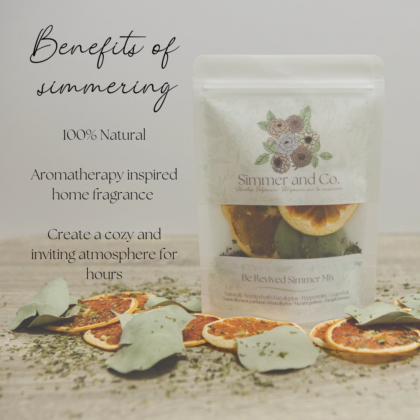 Simmer and Co. product packaging with text about aromatherapy inspired home fragrance on a wooden surface.