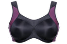 Black bra with purple accents on a white background
