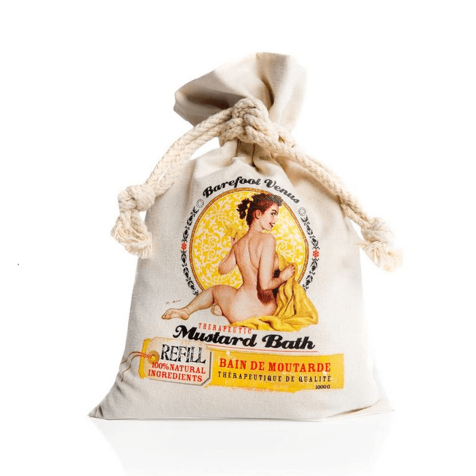 Barefoot Venus 100% Natural Mustard Bath Soak in a Canvas Bag with rope closure against a white background. 