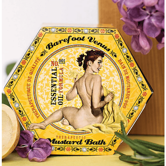 Barefoot Venus Natural Mustard Bath in a yellow box with a silhouette of a woman on the front. 