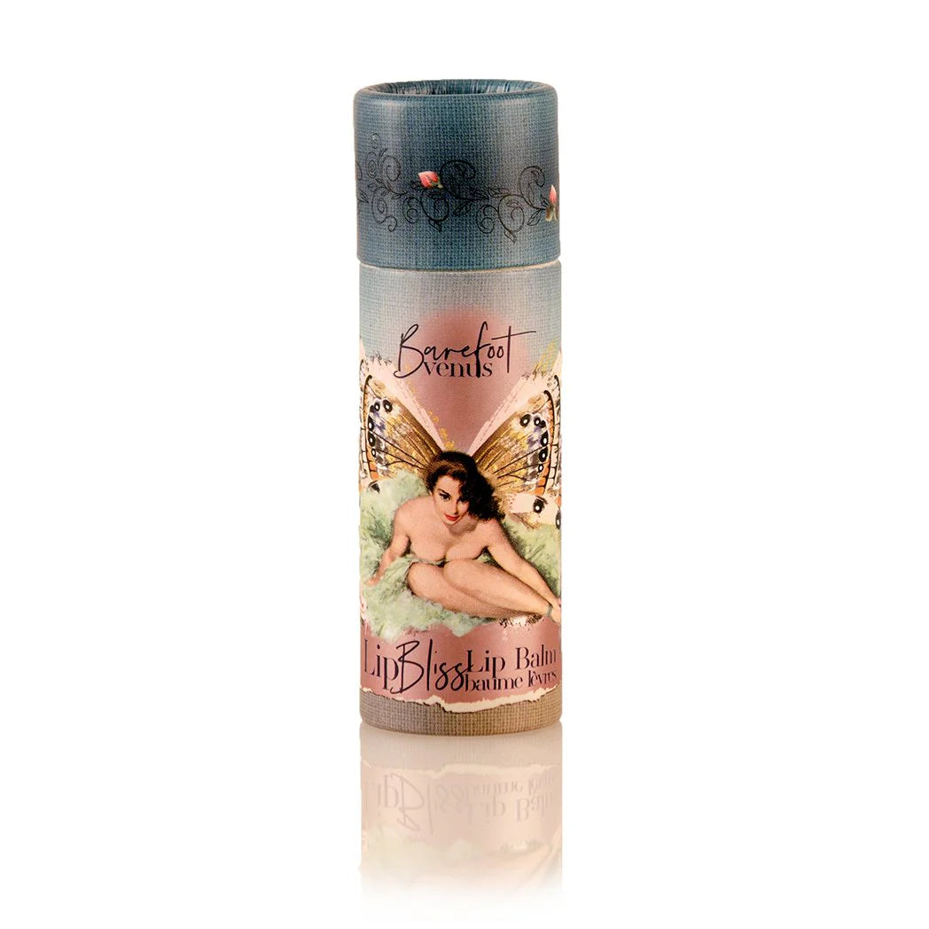 Lip balm container with vintage-style design on a white background