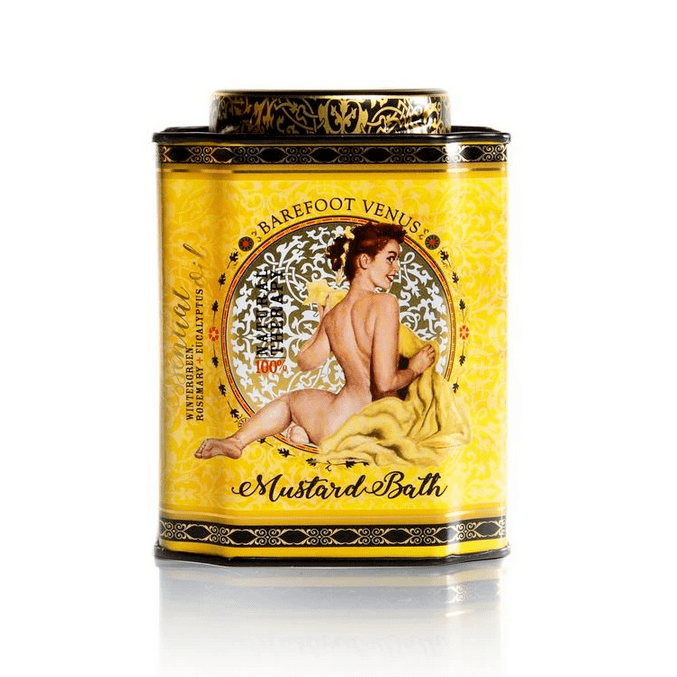 Barefoot Venus Mustard Bath in Yellow Tin container, shown against a white background.