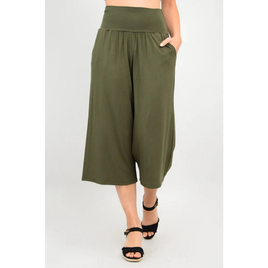 Blue Sky Gaylene Capri in Khaki shown on a model against a white background, from the front view. 