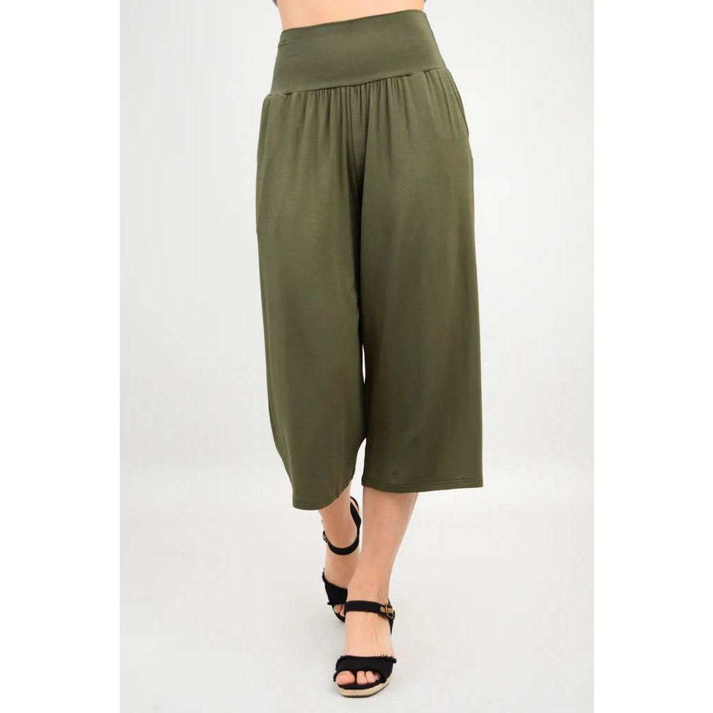 Blue Sky Gaylene Capri in Khaki shown on a model against a white background, from the front view. 