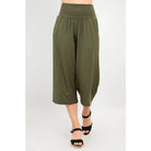 Blue Sky Gaylene Capri in Khaki shown on a model against a white background, from the front view. 