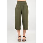Blue Sky Gaylene Capri in Khaki shown on a model against a white background, from the front view. 