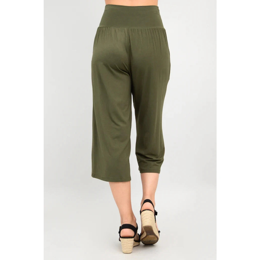 Blue Sky Gaylene Capri in Khaki shown on a model against a white background, from the back view. 