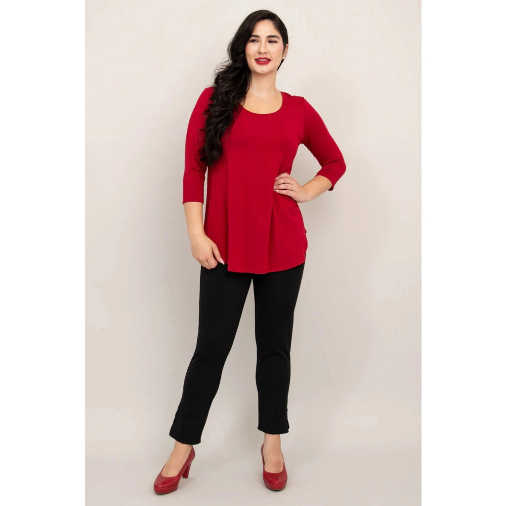 Blue Sky Jazz 3/4 Sleeve Top in Lipstick Red shown on a model wearing black leggings against a white background, from the front view. 