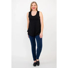 Blue Sky Jazz Tank in Black shown on a model wearing blue leggings standing against a white background, from the front view. 