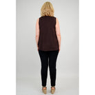 Blue Sky Jazz Tank in Coffee shown on a model wearing black leggings, against a white background, from the back view. 
