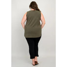 Blue Sky Jazz Tank in Khaki Green shown on a model wearing black leggings against a white background, from the back view. 