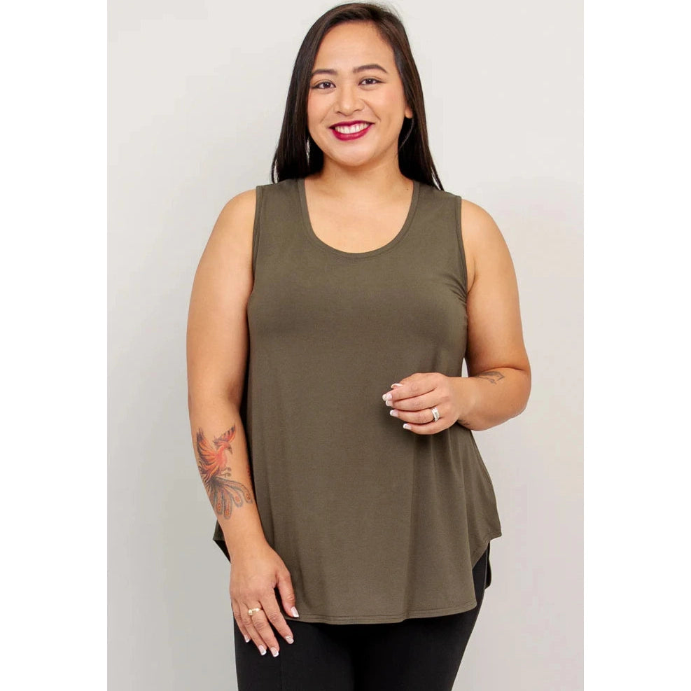 Blue Sky Jazz Tank in Khaki Green shown on a model wearing black leggings against a white background, from the front view. 