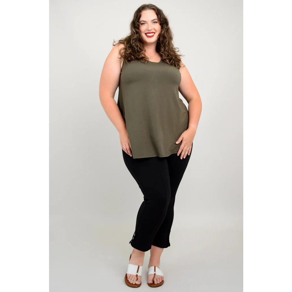 Blue Sky Jazz Tank in Khaki Green shown on a model wearing black leggings against a white background, from the front view. 