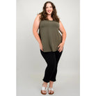 Blue Sky Jazz Tank in Khaki Green shown on a model wearing black leggings against a white background, from the front view. 